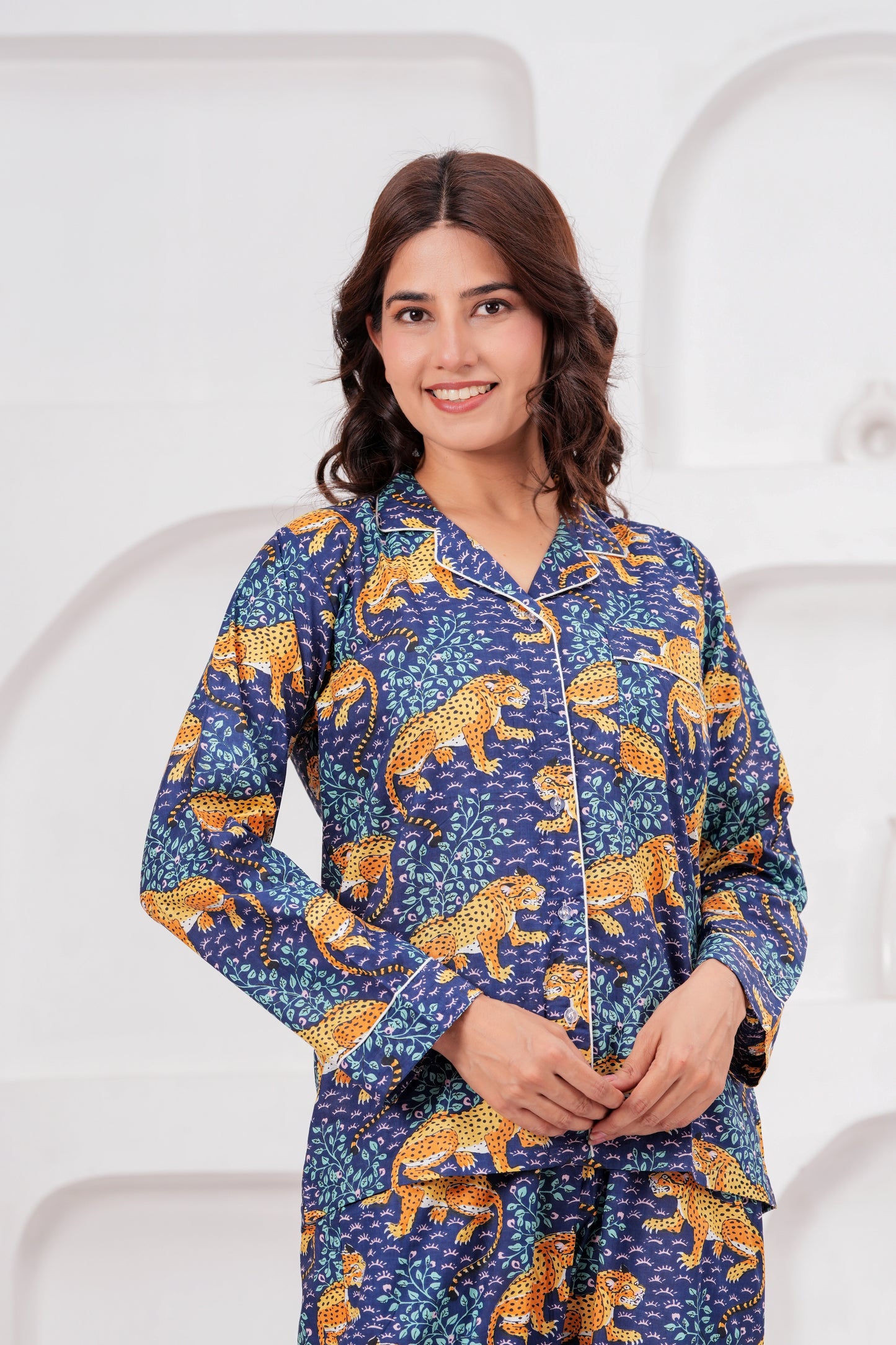 Women's Midnight Blue Leopard Print Cotton Night Suit Set – Elegant Two Piece Pajma Set