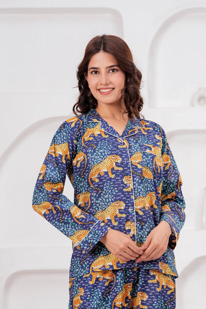 Women's Midnight Blue Leopard Print Cotton Night Suit Set – Elegant Two Piece Pajma Set