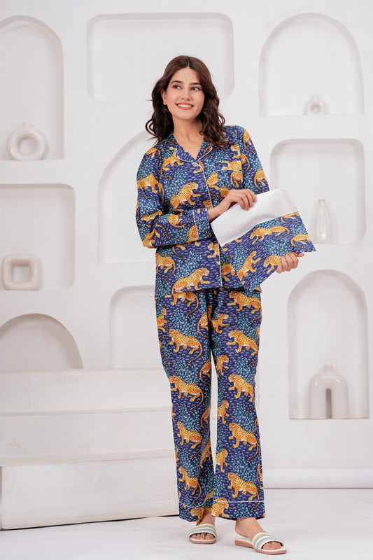 Women's Midnight Blue Leopard – Elegant Two Piece Cotton Pajama Set