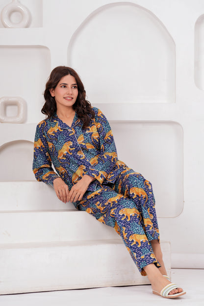 Women's Midnight Blue Leopard Print Cotton Night Suit Set – Elegant Two Piece Pajma Set