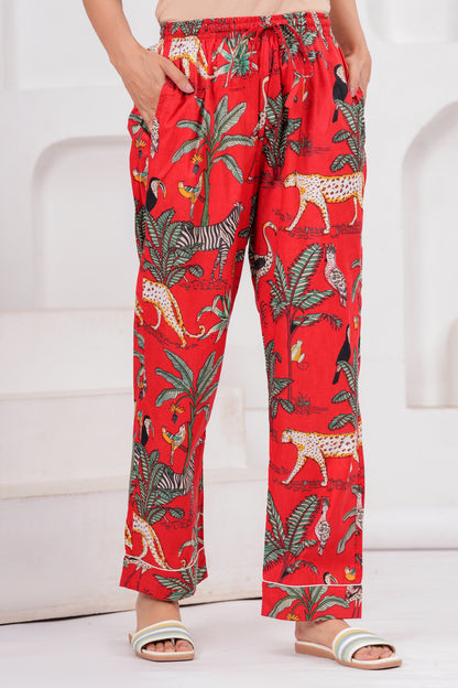 Women's Red Safari Print Cotton Night Suit Set – Elegant Two Piece Pajama Set