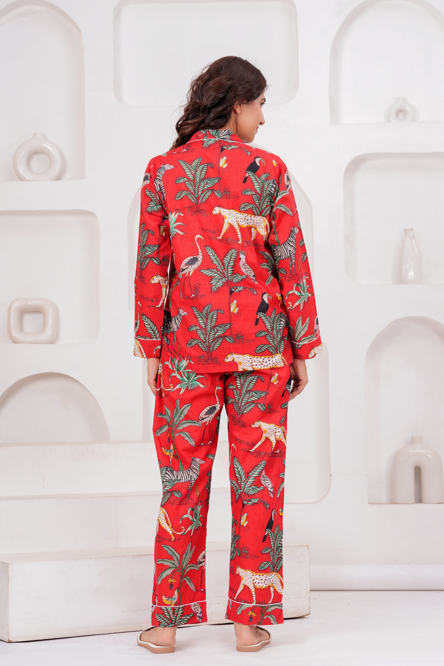 Women's Red Safari Print Cotton Night Suit Set – Elegant Two Piece Pajama Set