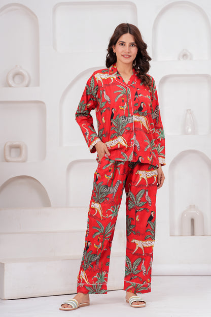Women's Red Safari Print Cotton Night Suit Set – Elegant Two Piece Pajama Set