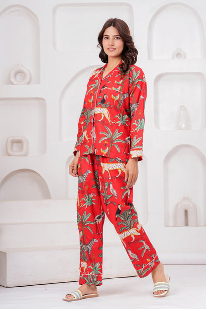 Women's Red Safari Print Cotton Night Suit Set – Elegant Two Piece Pajama Set