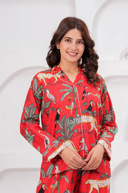 Women's Red Safari Print Cotton Night Suit Set – Elegant Two Piece Pajama Set