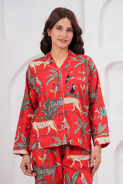 Women's Red Safari Print Cotton Night Suit Set – Elegant Two Piece Pajama Set