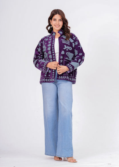 Women's Purple Suzani Reversible Jacket – Handmade Boho Embroidered Statement Jacket
