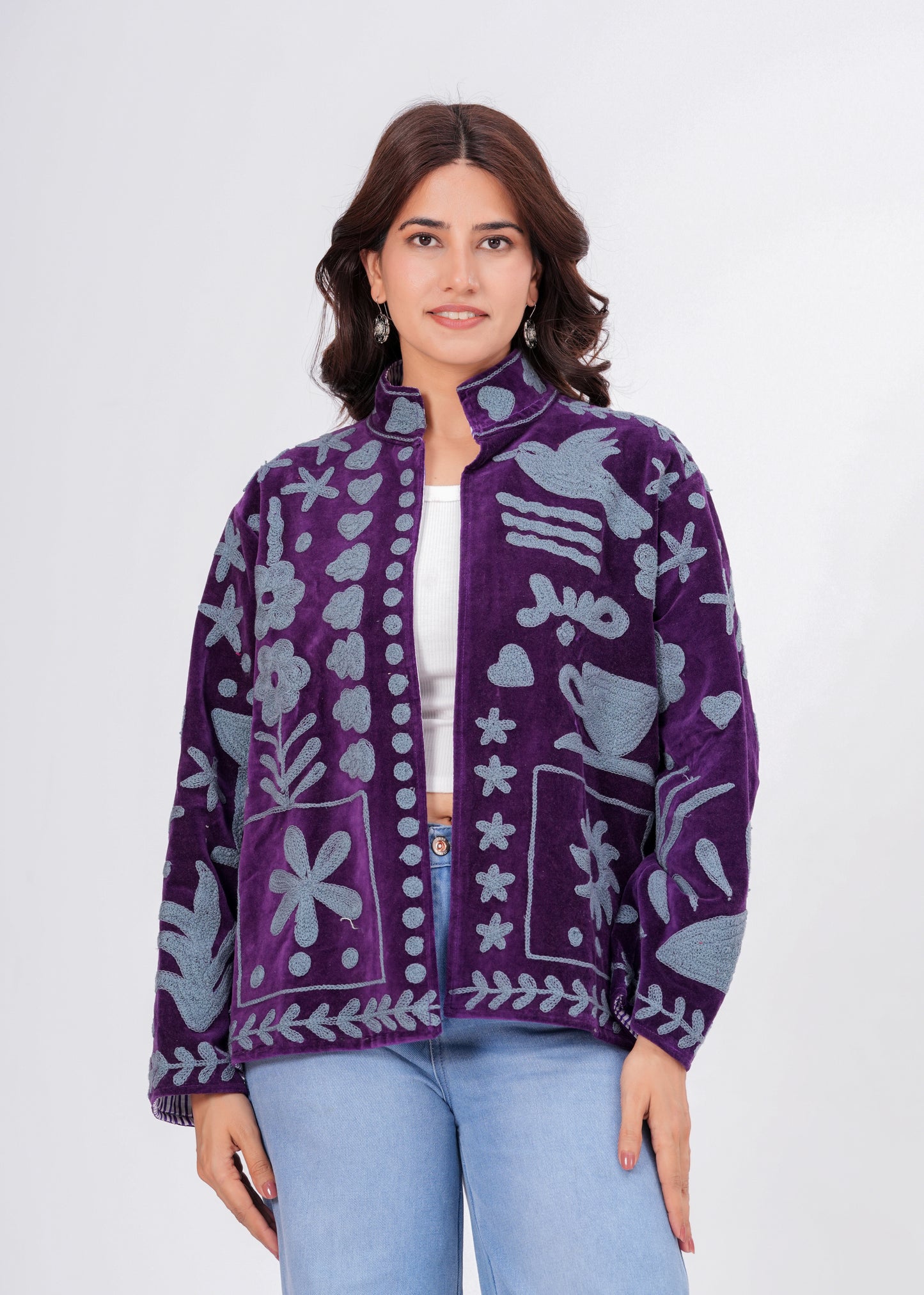 Women's Purple Suzani Reversible Jacket – Handmade Boho Embroidered Statement Jacket