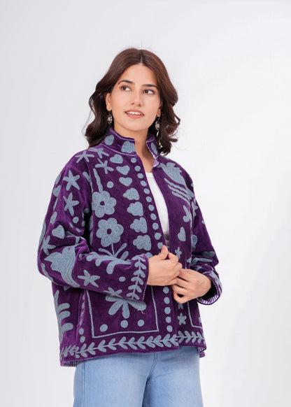 Women's Purple Suzani Reversible Jacket – Handmade Boho Embroidered Statement Jacket