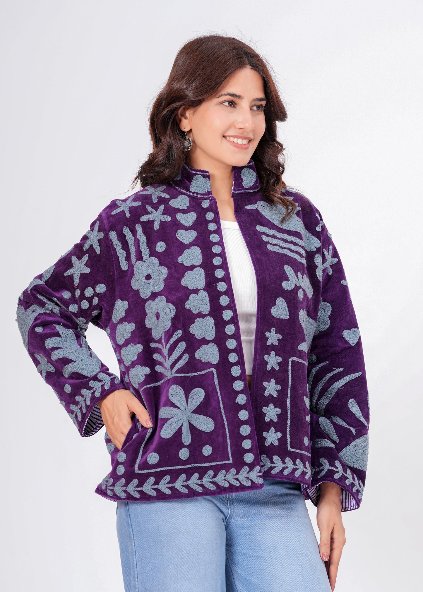 Women's Purple Suzani Reversible Jacket – Handmade Boho Embroidered Statement Jacket