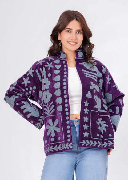 Women's Purple Suzani Reversible Jacket – Handmade Boho Embroidered Statement Jacket