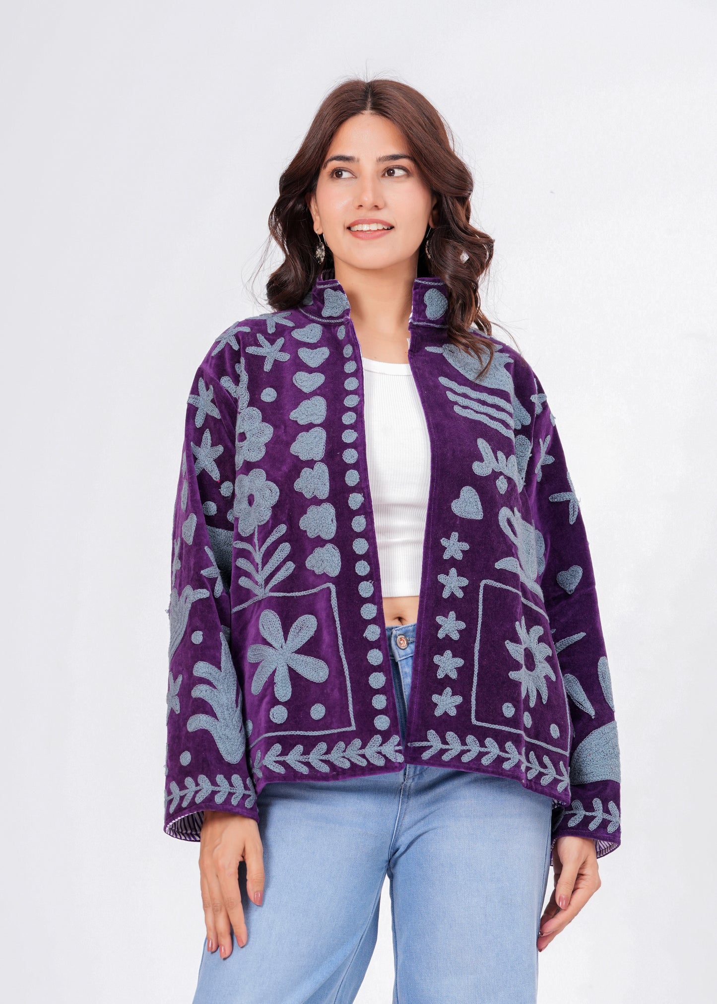 Women's Purple Suzani Reversible Jacket – Handmade Boho Embroidered Statement Jacket