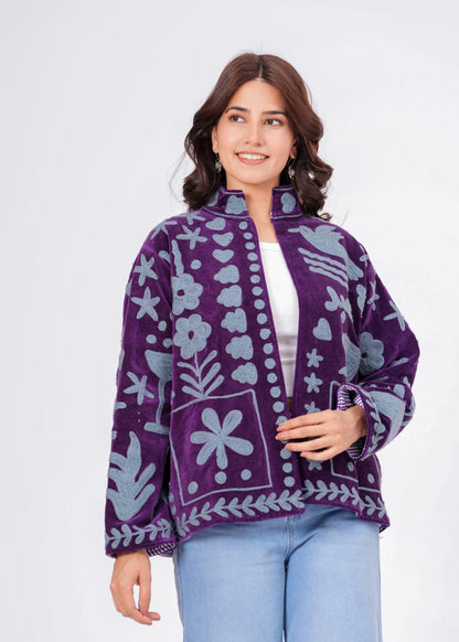 Women's Purple Suzani Reversible Jacket – Handmade Boho Embroidered Statement Jacket