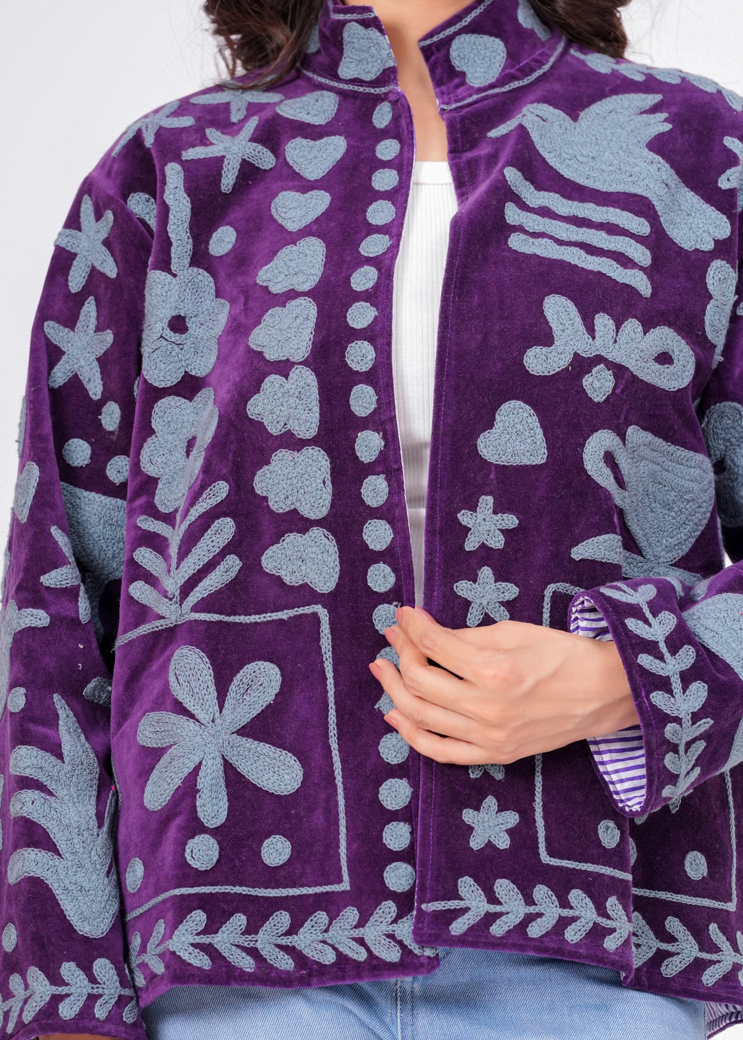 Women's Purple Suzani Reversible Jacket – Handmade Boho Embroidered Statement Jacket
