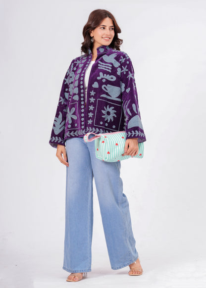 Women's Purple Suzani Reversible Jacket – Handmade Boho Embroidered Statement Jacket