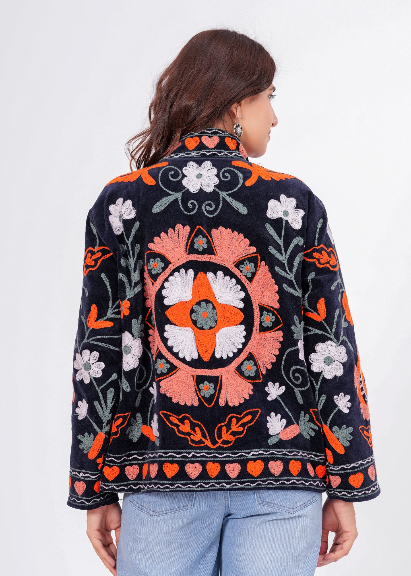Women's Black Suzani Reversible Jacket – Boho Floral Embroidered Statement Jacket