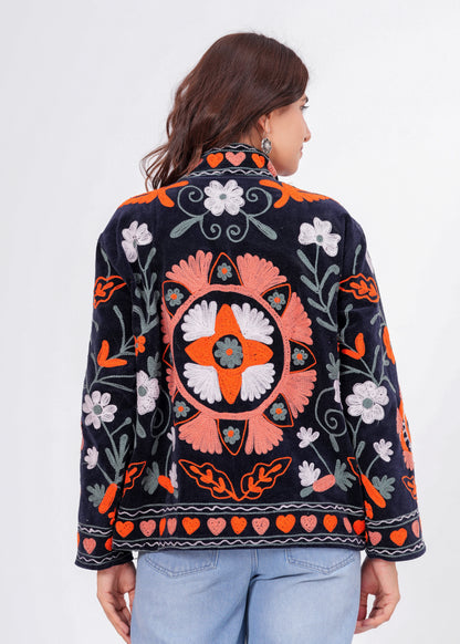 Women's Black Suzani Reversible Jacket – Boho Floral Embroidered Statement Jacket