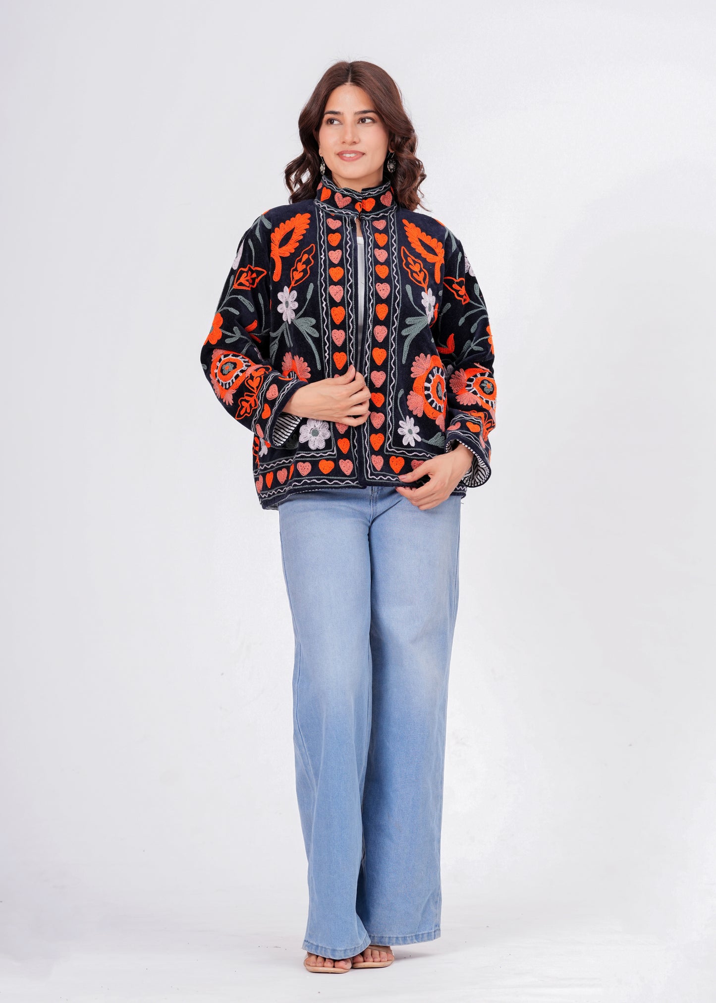 Women's Black Suzani Reversible Jacket – Boho Floral Embroidered Statement Jacket