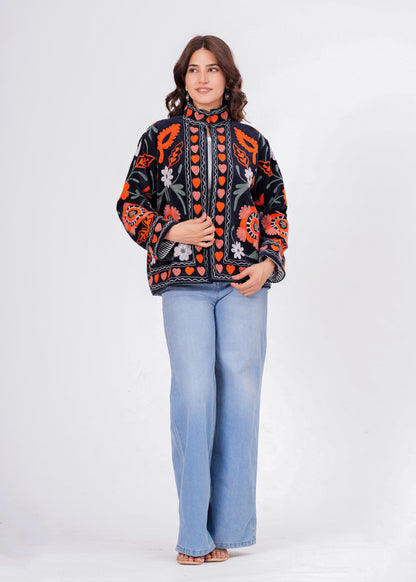 Women's Black Suzani Reversible Jacket – Boho Floral Embroidered Statement Jacket