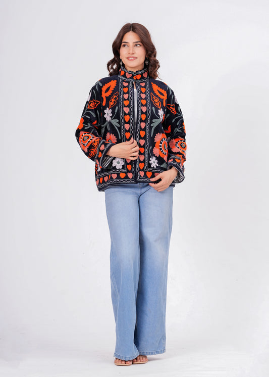 Women's Black Suzani Reversible Jacket – Boho Floral Embroidered Statement Jacket
