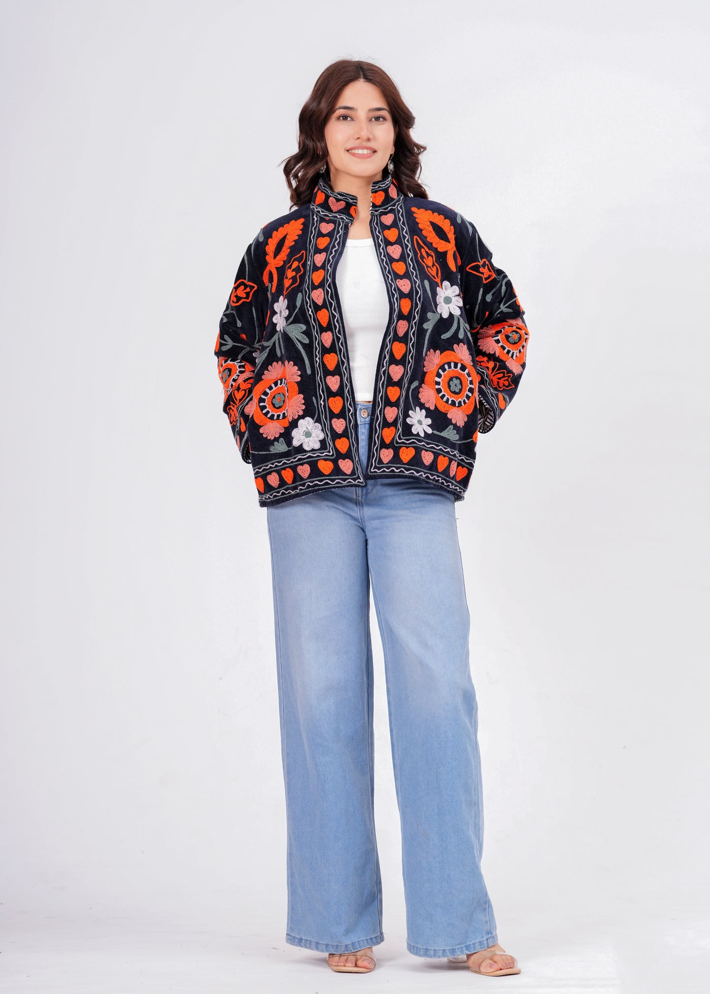 Women's Black Suzani Reversible Jacket – Boho Floral Embroidered Statement Jacket