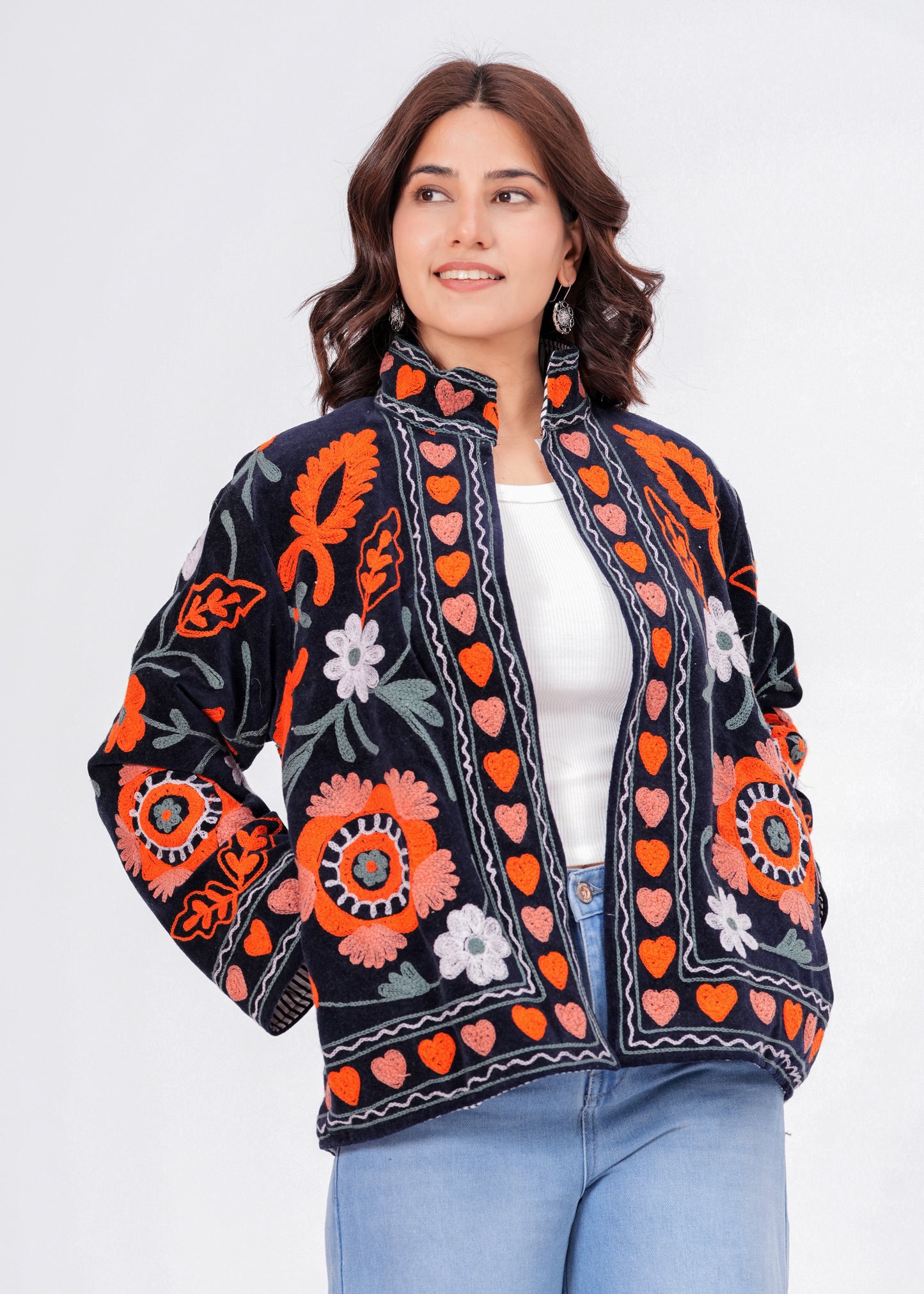 Women's Black Suzani Reversible Jacket – Boho Floral Embroidered Statement Jacket