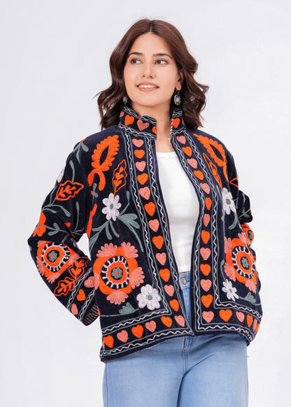 Women's Black Suzani Reversible Jacket – Boho Floral Embroidered Statement Jacket