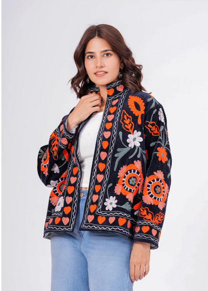 Women's Black Suzani Reversible Jacket – Boho Floral Embroidered Statement Jacket