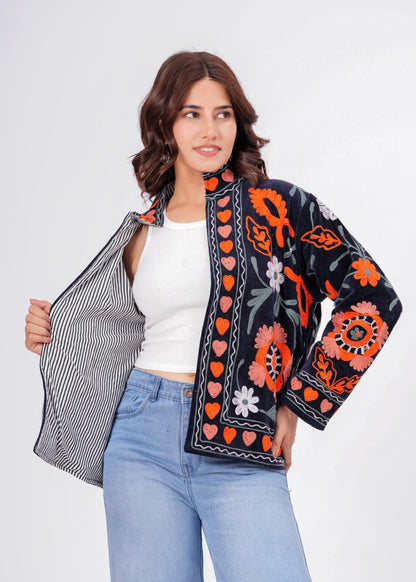 Women's Black Suzani Reversible Jacket – Boho Floral Embroidered Statement Jacket