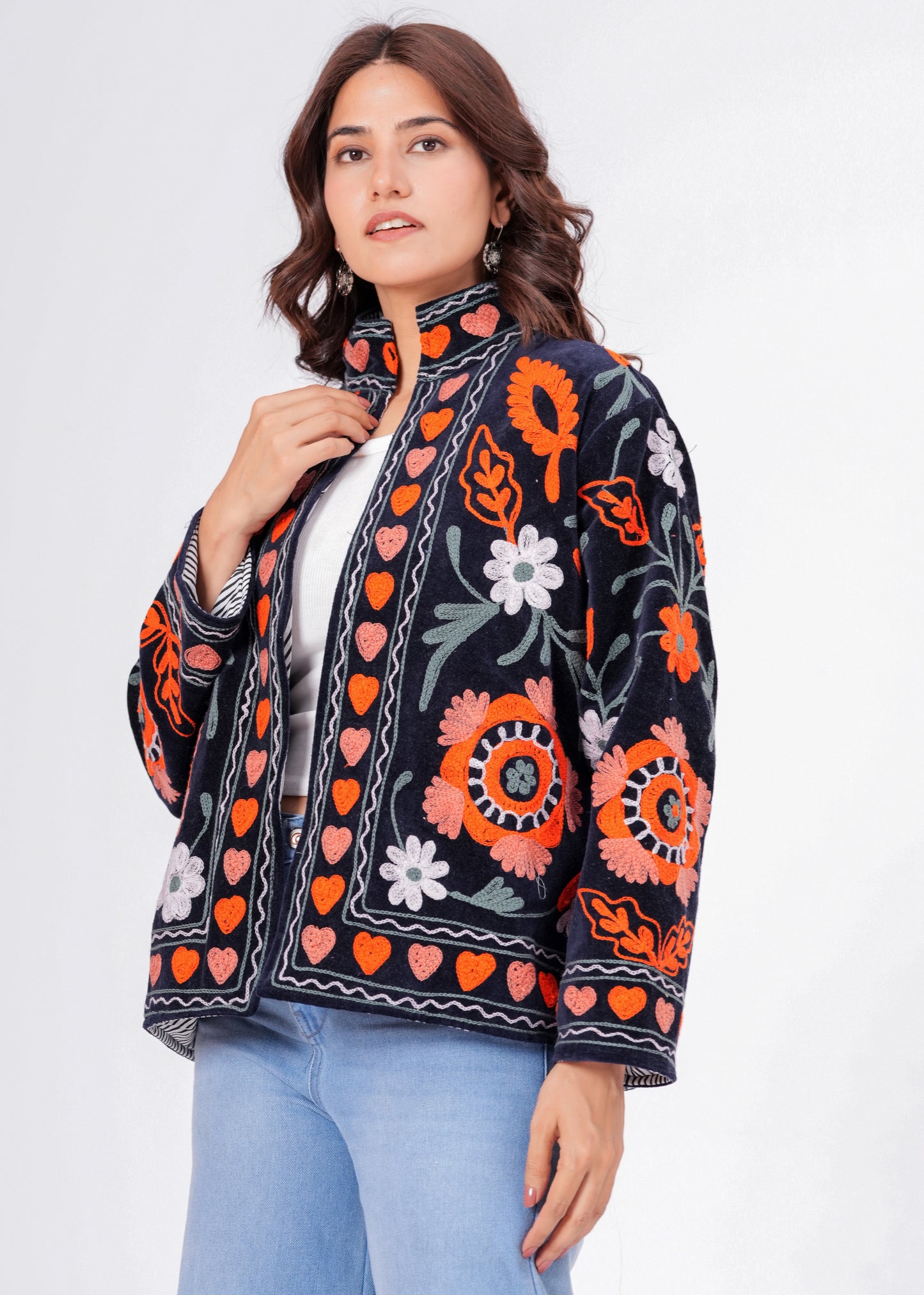 Women's Black Suzani Reversible Jacket – Boho Floral Embroidered Statement Jacket
