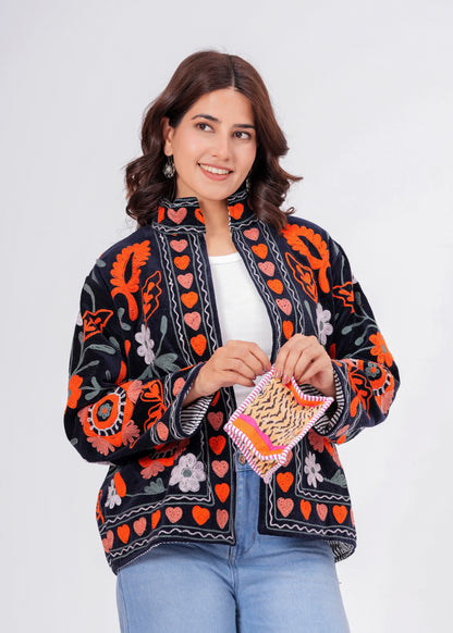 Women's Black Suzani Reversible Jacket – Boho Floral Embroidered Statement Jacket