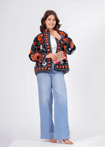 Women's Black Suzani Reversible Jacket – Boho Floral Embroidered Statement Jacket