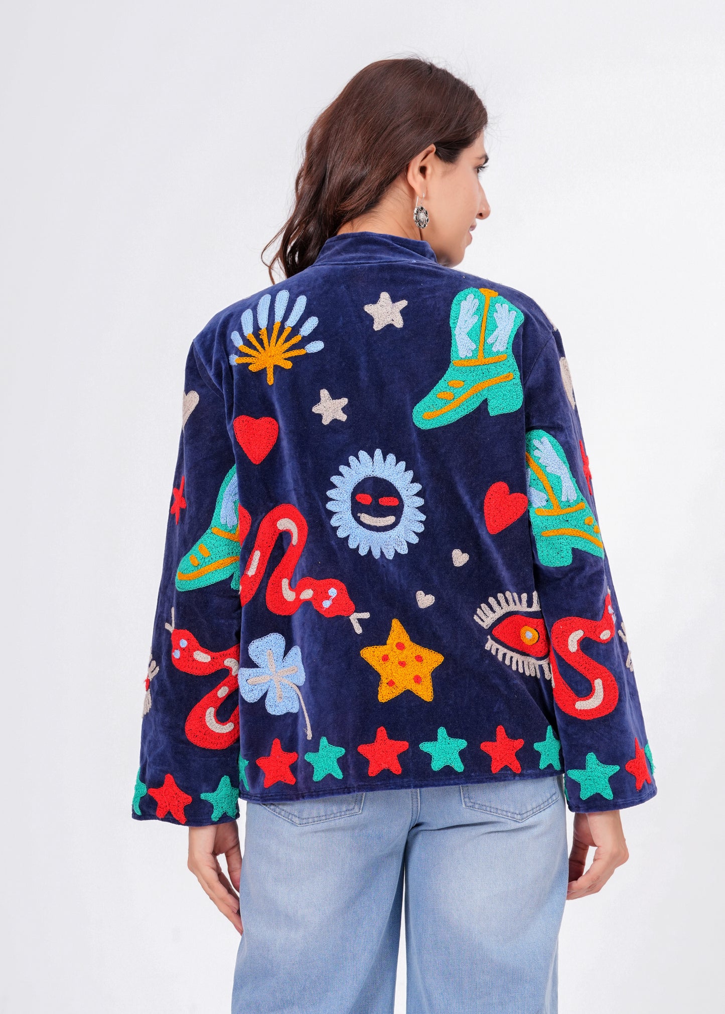 Women's Navy Blue Suzani Reversible Jacket – Artistic Embroidered Statement Jacket
