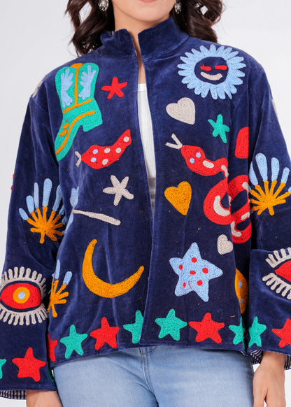 Women's Navy Blue Suzani Reversible Jacket – Artistic Embroidered Statement Jacket