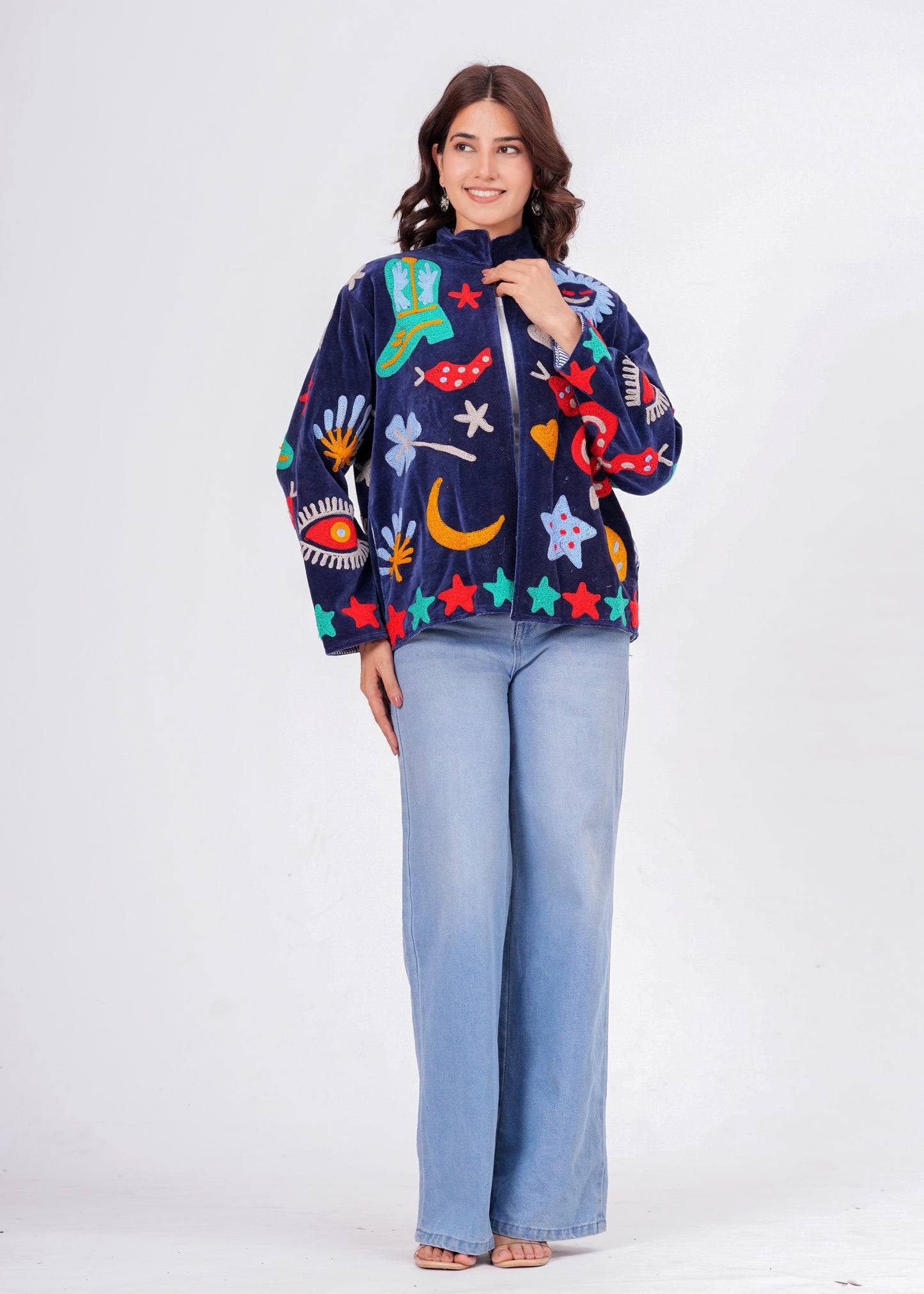 Women's Navy Blue Suzani Reversible Jacket – Artistic Embroidered Statement Jacket