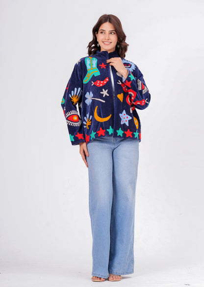 Women's Navy Blue Suzani Reversible Jacket – Artistic Embroidered Statement Jacket