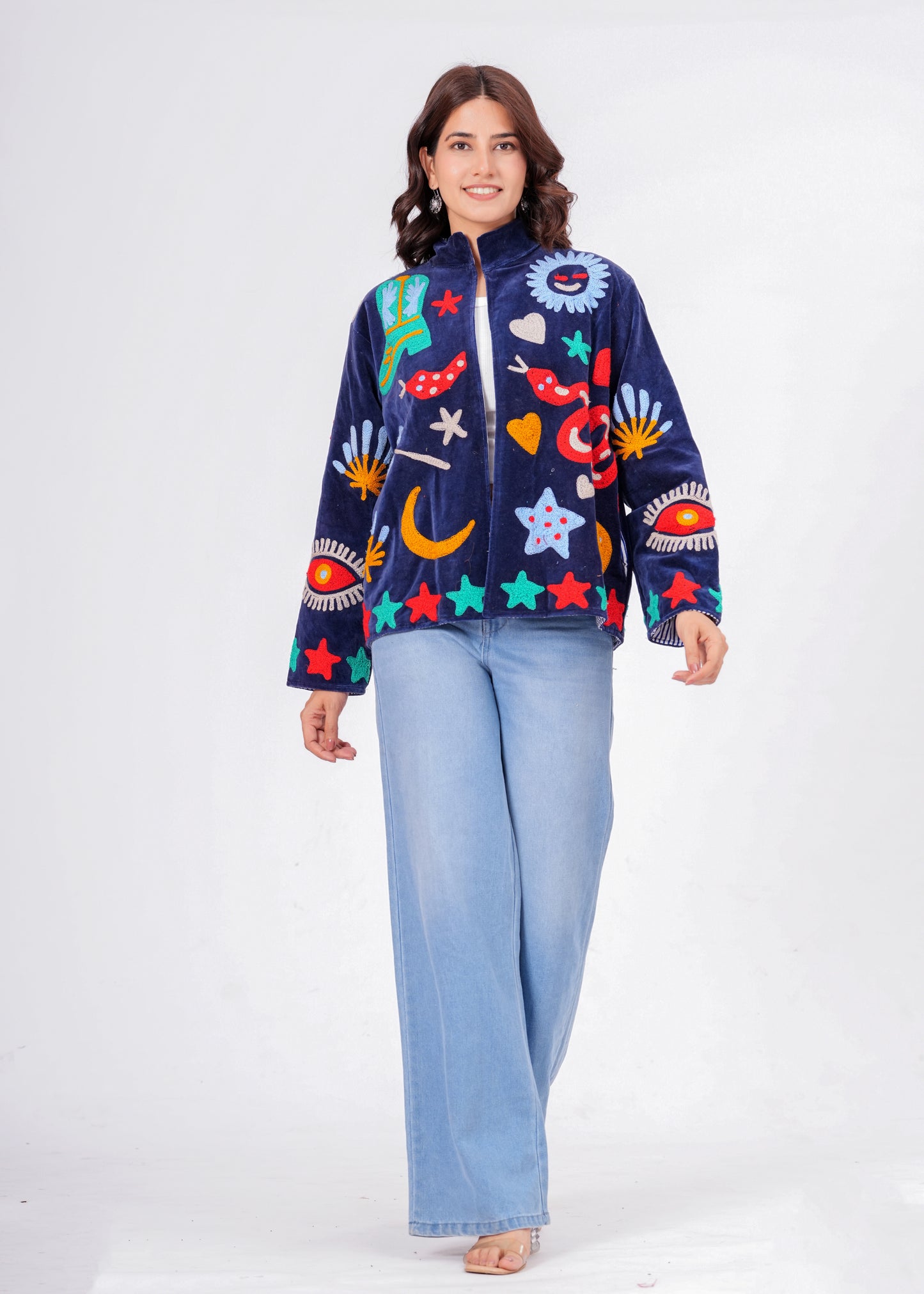 Women's Navy Blue Suzani Reversible Jacket – Artistic Embroidered Statement Jacket
