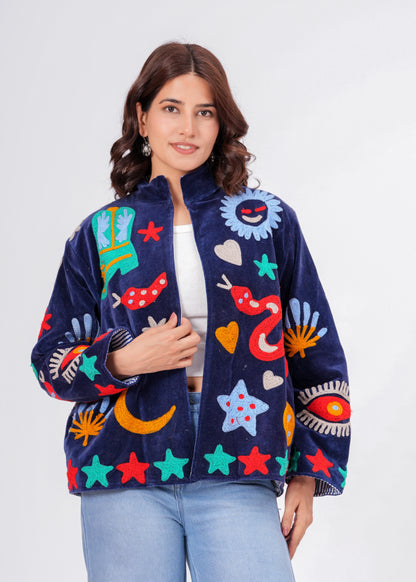 Women's Navy Blue Suzani Reversible Jacket – Artistic Embroidered Statement Jacket