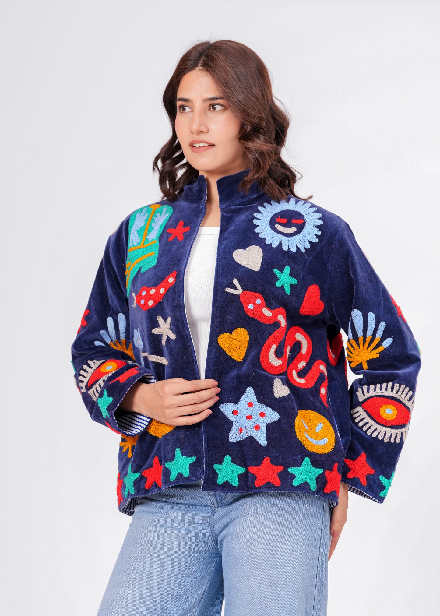 Women's Navy Blue Suzani Reversible Jacket – Artistic Embroidered Statement Jacket