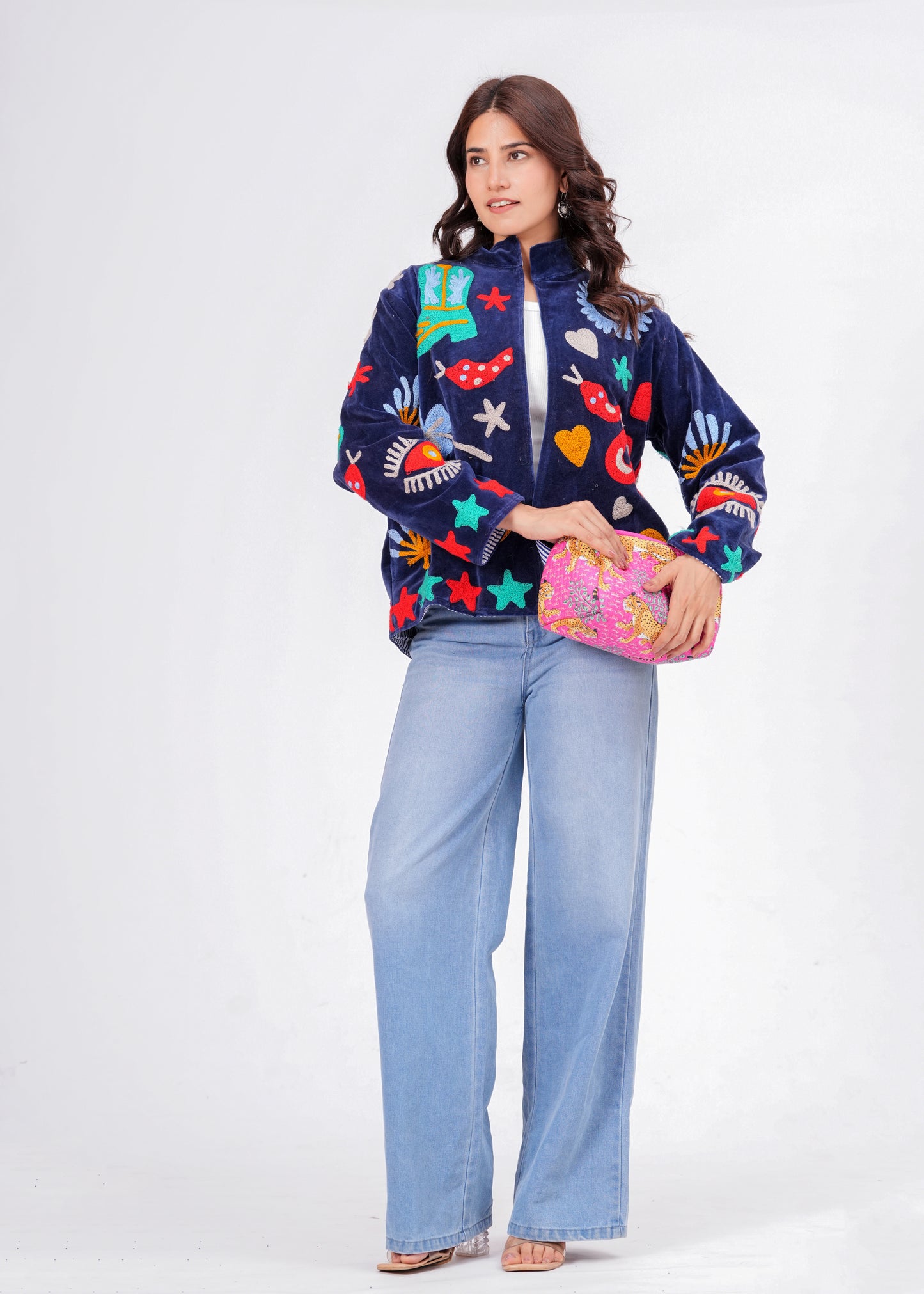 Women's Navy Blue Suzani Reversible Jacket – Artistic Embroidered Statement Jacket