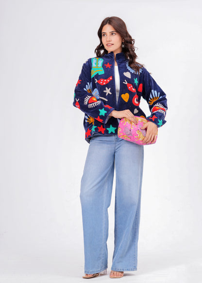 Women's Navy Blue Suzani Reversible Jacket – Artistic Embroidered Statement Jacket