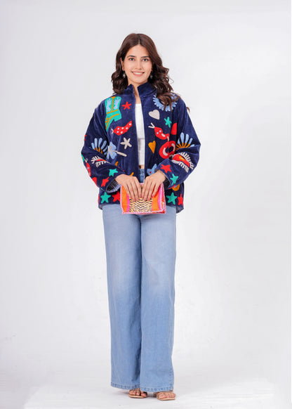 Women's Navy Blue Suzani Reversible Jacket – Artistic Embroidered Statement Jacket
