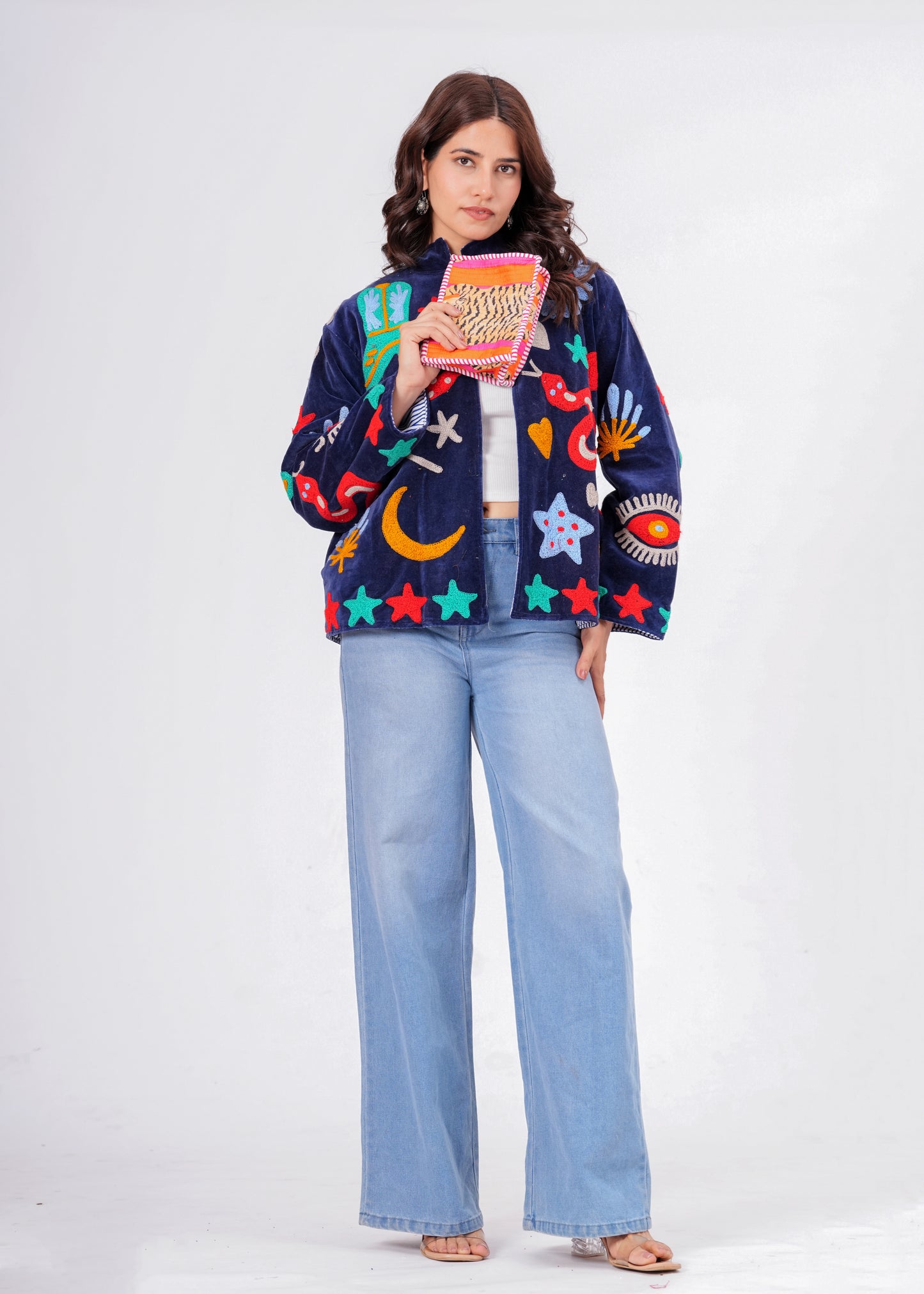 Women's Navy Blue Suzani Reversible Jacket – Artistic Embroidered Statement Jacket