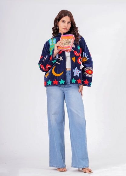 Women's Navy Blue Suzani Reversible Jacket – Artistic Embroidered Statement Jacket