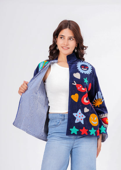 Women's Navy Blue Suzani Reversible Jacket – Artistic Embroidered Statement Jacket