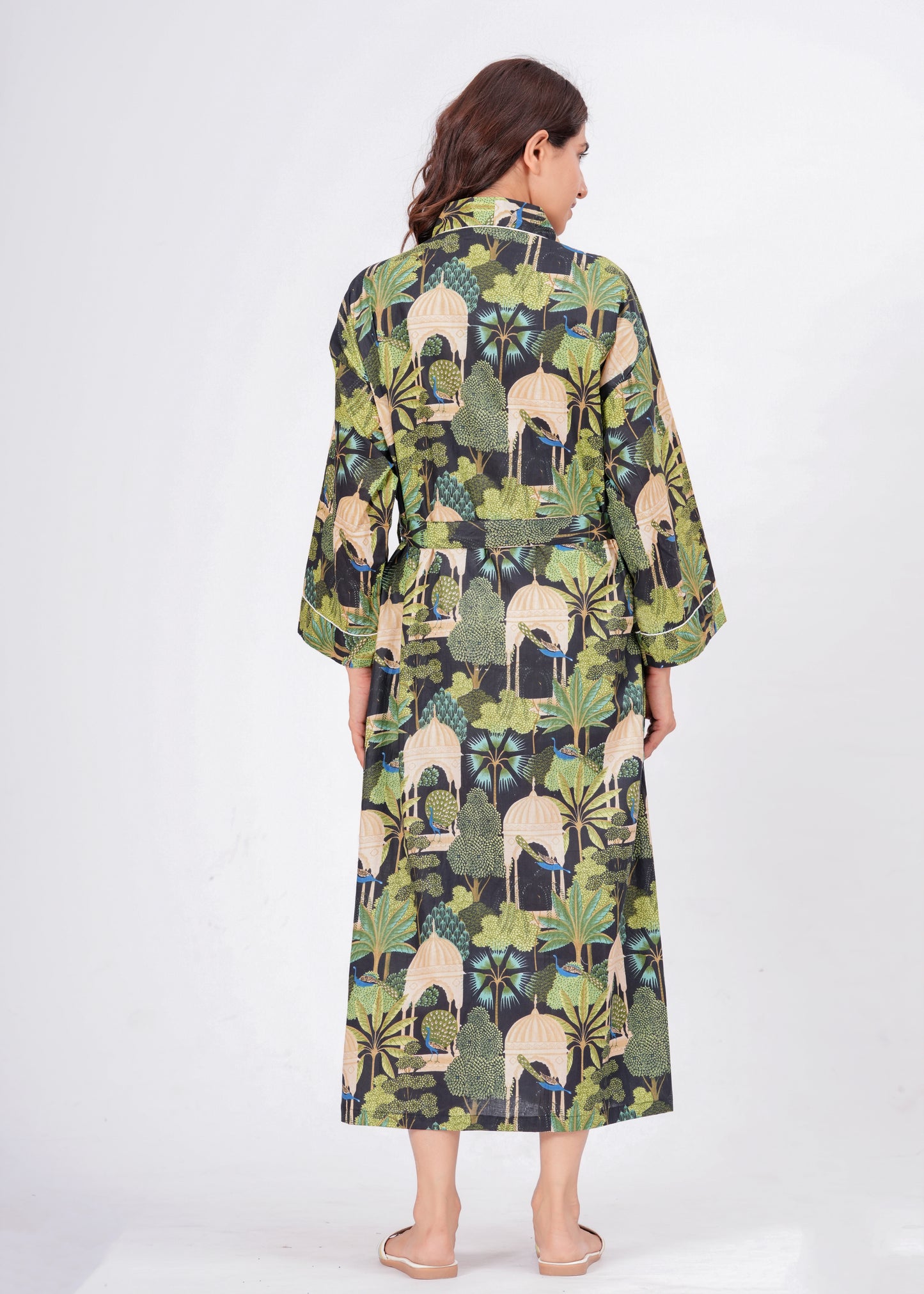 Peacock Grace women's cotton enchanted jungle kimono. Elegant floral 
and peacock pattern printed cotton robe for lounging.