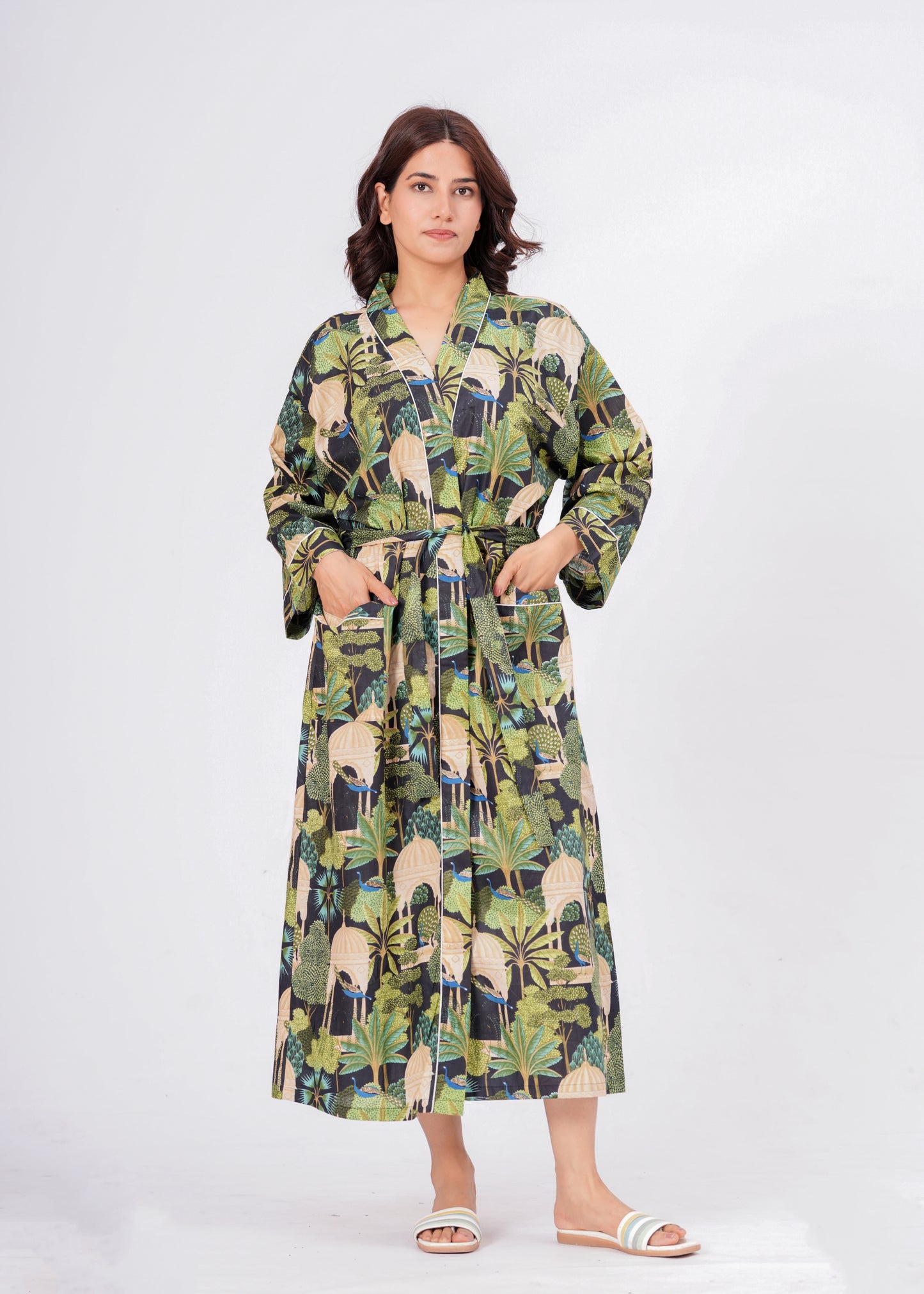 Peacock Grace women's cotton enchanted jungle kimono. Elegant floral 
and peacock pattern printed cotton robe for lounging.