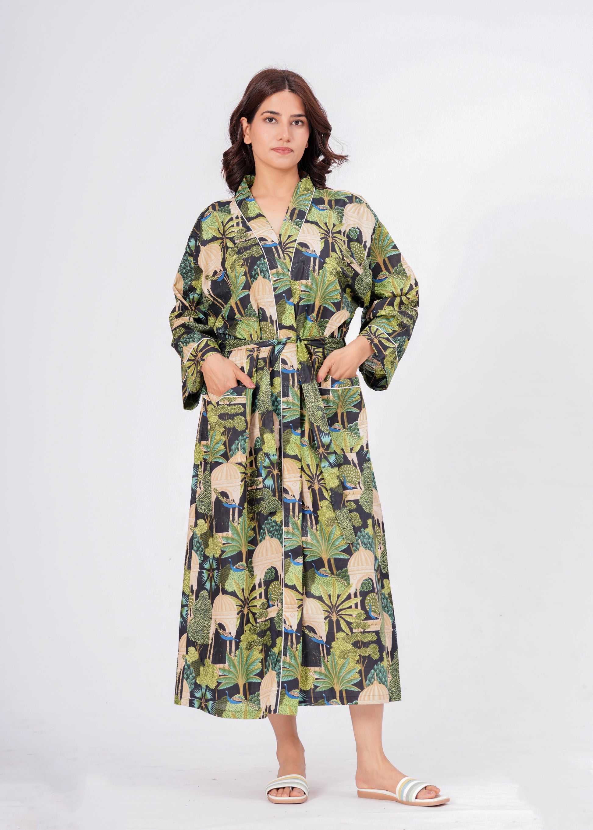 Peacock Grace women's cotton enchanted jungle kimono. Elegant floral 
and peacock pattern printed cotton robe for lounging.