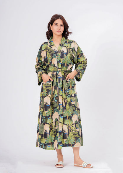 Peacock Grace women's cotton enchanted jungle kimono. Elegant floral 
and peacock pattern printed cotton robe for lounging.