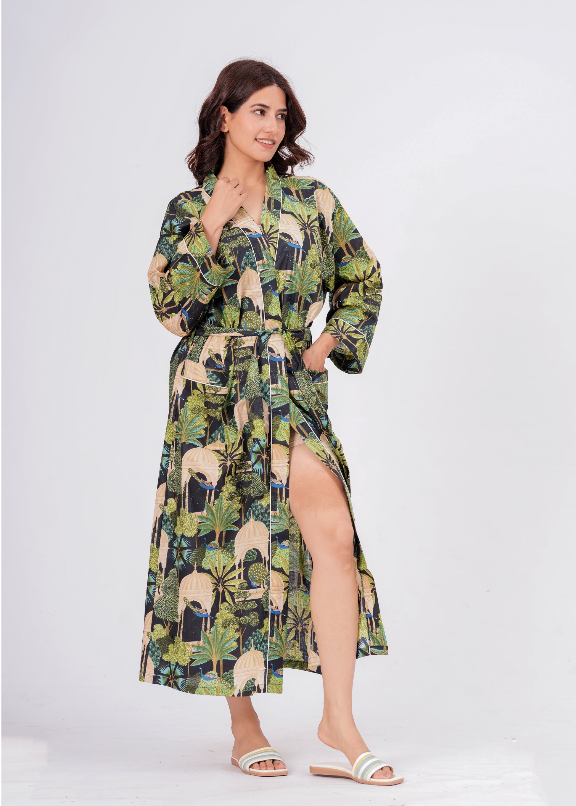 Peacock Grace women's cotton enchanted jungle kimono. Elegant floral 
and peacock pattern printed cotton robe for lounging.